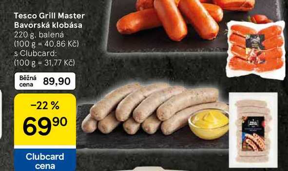 Tesco Grill Master Bavorská klobása, 220 g, balená  