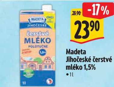 Madeta Jihočeské čerstvé mléko 1,5%, 1 l