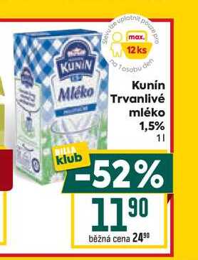 Kunín Trvanlivé mléko klub 1,5% 1l