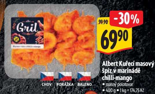 Albert Kuřecí masový špíz v marinádě chilli-mango, 400 g