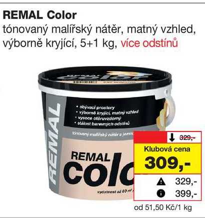 REMAL Color tónovaný malířský nátěr, matný vzhled, výborně kryjící, 5+1 kg