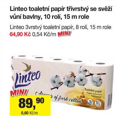 Linteo toaletní papír třívrstvý se svěží vůní bavlny, 10 rolí, 15 m 