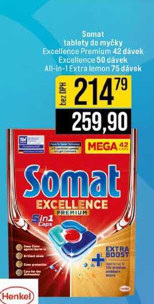 Somat tablety do myčky Excellence Premium 42 dávek Excellence 50 dávek All-in-1 Extra lemon 75 dávek 