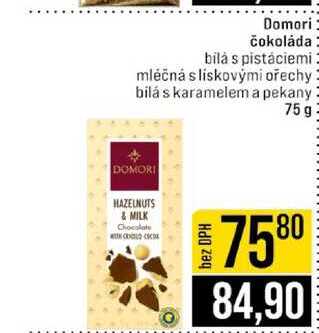 Domori čokoláda bila s pistáciemi mléčná slískovými ořechy bilás karamelem a pekany 75g