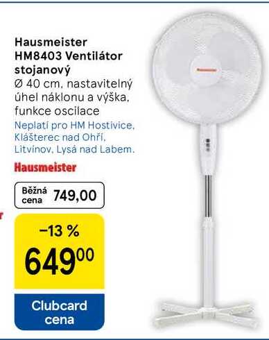 Hausmeister HM8403 Ventilátor stojanový, průměr 40 cm. nastavitelný úhel náklonu a výška, funkce oscilace  
