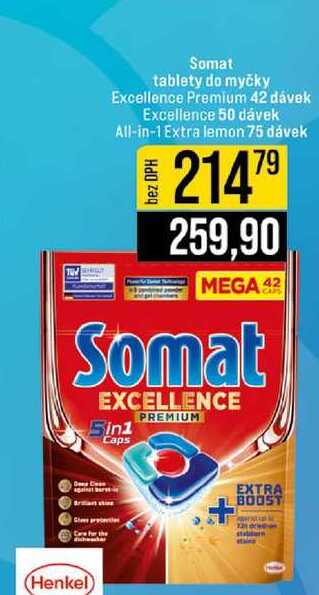 Somat tablety do myčky Excellence Premium 42 dávek Excellence 50 dávek All-in-1 Extra lemon 75 dávek 
