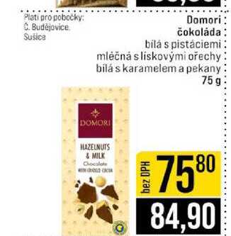 Domori čokoláda bílá s pistáciemi: mléčná s lískovými ořechy bilás karamelem a pekany 75 g 