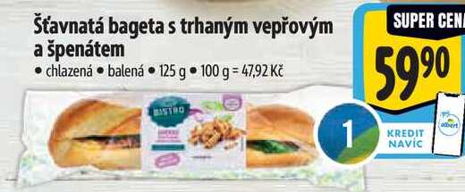 Šťavnatá bageta s trhaným vepřovým a špenátem, 125 g
