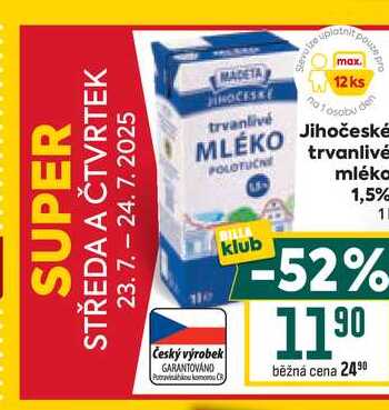 Jihočeské mléko trvanlivé polotučné 1,5 % 1l