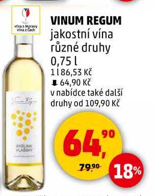 VINUM REGUM jakostní vína různé druhy, 0,75 l