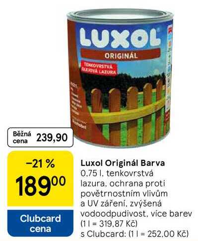 Luxol Originál Barva, 0,75 l, tenkovrstvá lazura, ochrana proti povětrnostním vlivům a UV záření, zvýšená vodoodpudivost