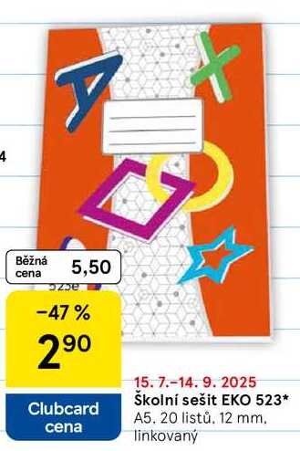 Školní sešit EKO 523, A5, 20 listů. 12 mm. linkovaný 