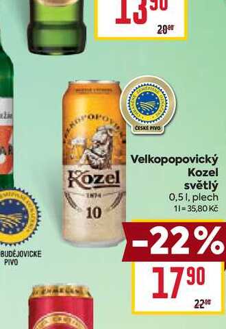 Velkopopovický Kozel Světlý, výčepní pivo 0,5l, plech