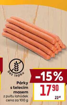Párky s telecím masem z pultu lahůdek cena za 100g