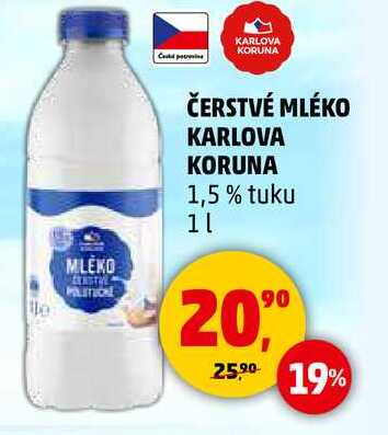 ČERSTVÉ MLÉKO KARLOVA KORUNA 1,5% tuku, 1 l 