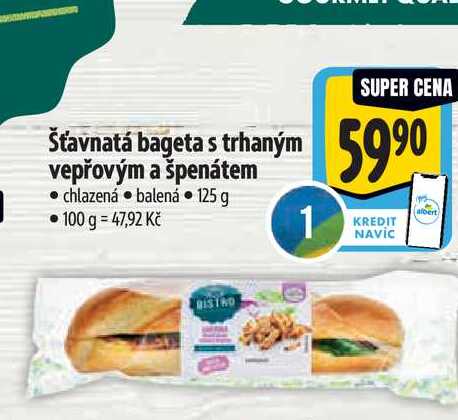   Šťavnatá bageta s trhaným vepřovým a špenátem 125 g