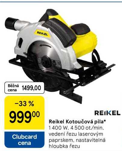Reikel Kotoučová pila 1400 W. 4 500 ot/min. vedení řezu laserovým paprskem, nastavitelná hloubka řezu 