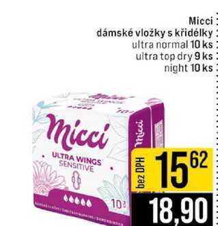 Micci dámské vložky s křidélky ultra normal 10 ks ultra top dry 9 ks night 10 ks