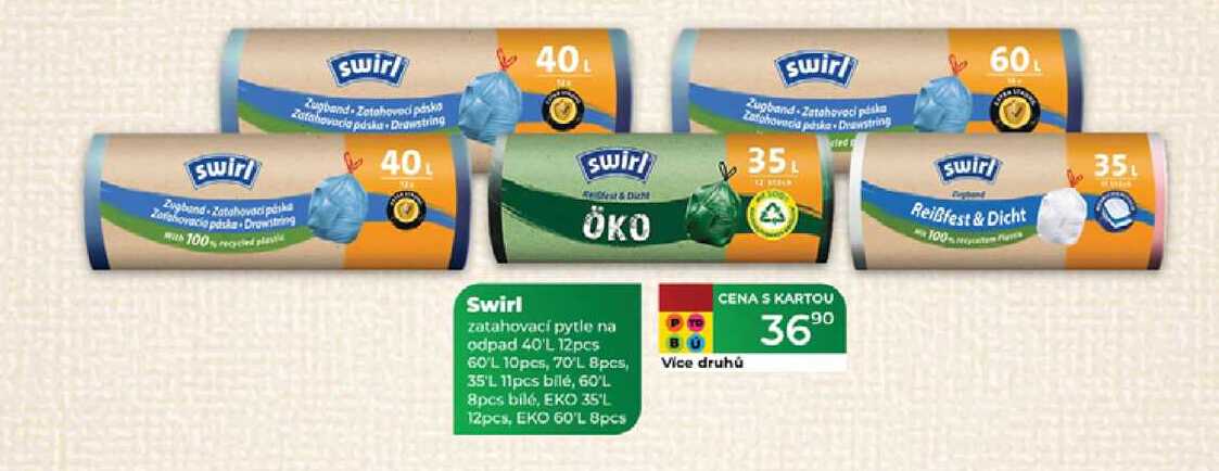 Swirl zatahovací pytle na odpad 40'L 12pcs 60'L 10pcs, 70'L Bpcs, 35'L 11pcs bilé, 60'L 8pcs bilé, EKO 35'L 12pcs, EKO 60'L 8pcs 