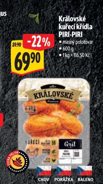 Královské kuřecí křídla PIRI-PIRI, masný polotovar 600 g 