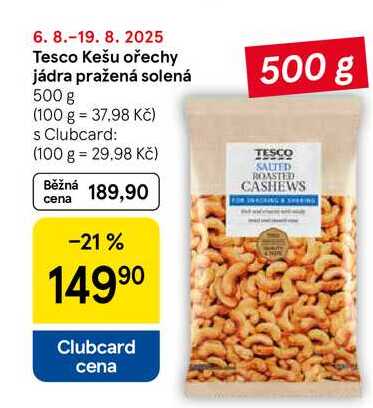 Tesco Kešu ořechy jádra pražená solená, 500 g 