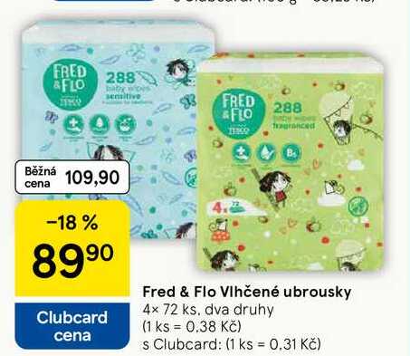 Fred & Flo Vlhčené ubrousky, 4x 72 ks, dva druhy 