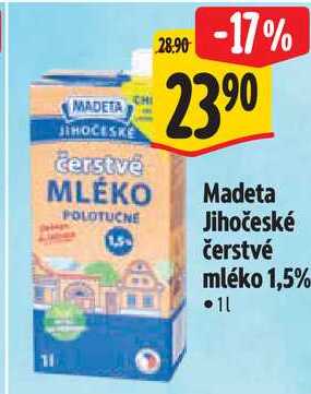 Madeta Jihočeské čerstvé mléko 1,5%, 1 l