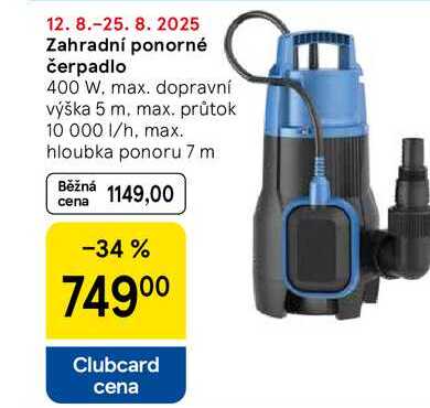 Zahradní ponorné čerpadlo, 400 W, max. dopravní výška 5 m, max. průtok 10 000 1/h, max. hloubka ponoru 7 m  