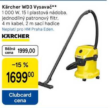 Kärcher WD3 Vysavač, 1000 W, 15 I plastová nádoba. jednodílný patronový filtr, 4 m kabel, 2 m sací hadice 