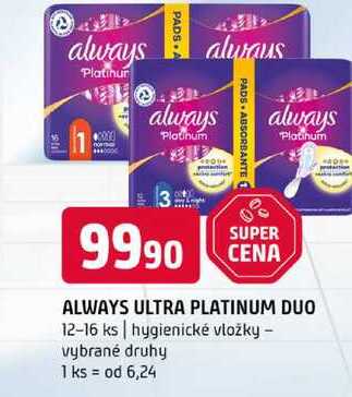 ALWAYS ULTRA PLATINUM DUO 12-16 ks hygienické vložky vybrané druhy 