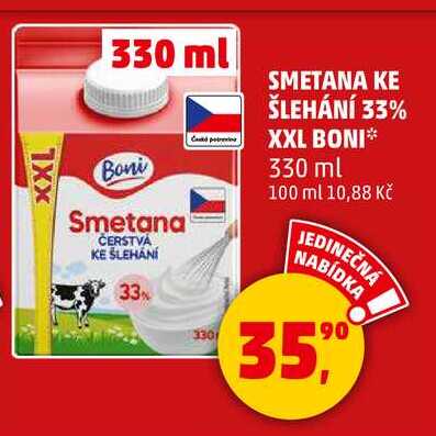 SMETANA KE ŠLEHÁNÍ 33% XXL BONI, 330 ml 