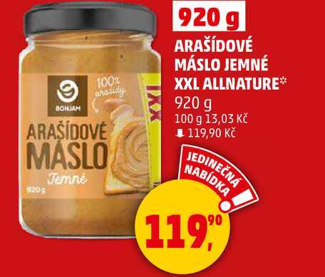 ARAŠÍDOVÉ MÁSLO JEMNÉ XXL ALLNATURE, 920 g  