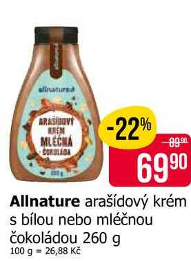 Allnature arašídový krém s bílou nebo mléčnou čokoládou 260 g 