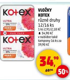 VLOŽKY KOTEX různé druhy, 12/16 ks 