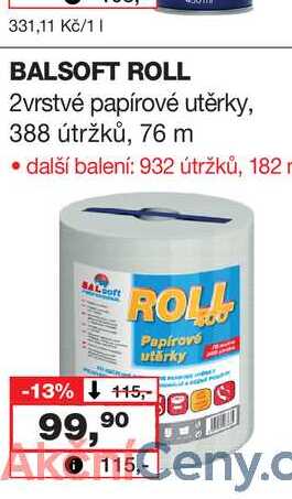 BALSOFT ROLL 2vrstvé papírové utěrky, 388 útržků, 76 m 