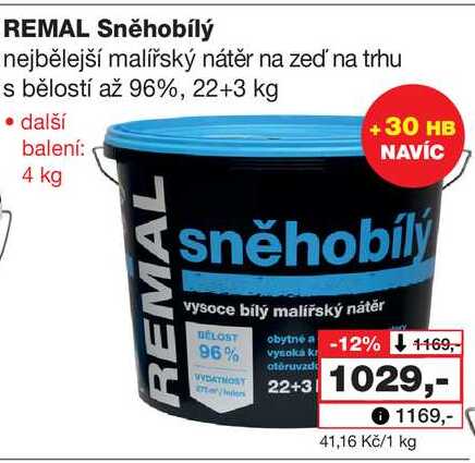 REMAL Sněhobílý nejbělejší malířský nátěr na zeď na trhu s bělostí až 96%, 22+3 kg 