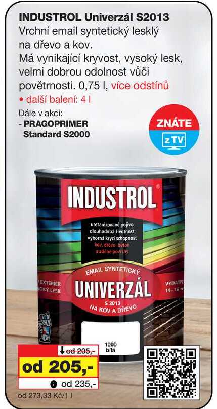 INDUSTROL Univerzál S2013 Vrchní email syntetický lesklý na dřevo a kov. Má vynikající kryvost, vysoký lesk, velmi dobrou odolnost vůči povětrnosti. 0,75l