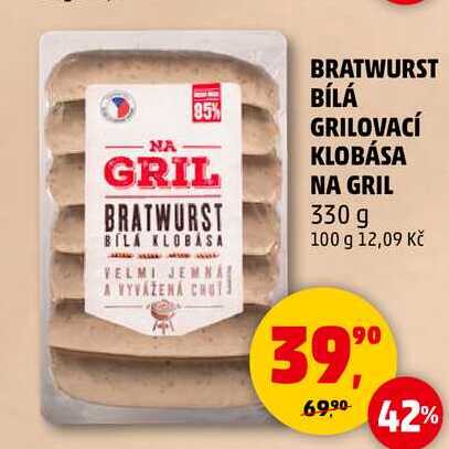 BRATWURST BÍLÁ GRILOVACÍ KLOBÁSA NA GRIL, 330 g 