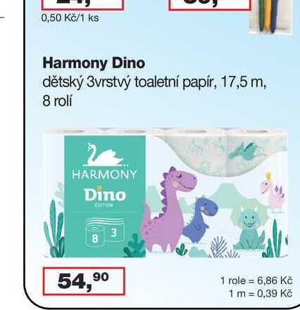 Harmony Dino dětský 3vrstvý toaletní papír, 17,5 m, 8 rolí 