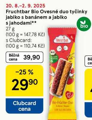 Fruchtbar Bio Ovesné duo tyčinky jablko s banánem a jablko s jahodami, 27 g 