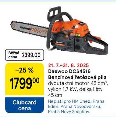 Daewoo DCS4516 Benzínová řetězová pila, dvoutaktní motor 45 cm³. výkon 1.7 kW, délka lišty 45 cm 