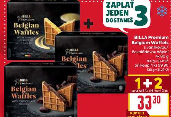 BILLA Premium Belgium Waffels s vanilkovou/ čokoládovou náplní 4x 80 g 