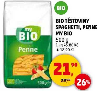 BIO TĚSTOVINY SPAGHETTI, PENNE MY BIO, 500 g 