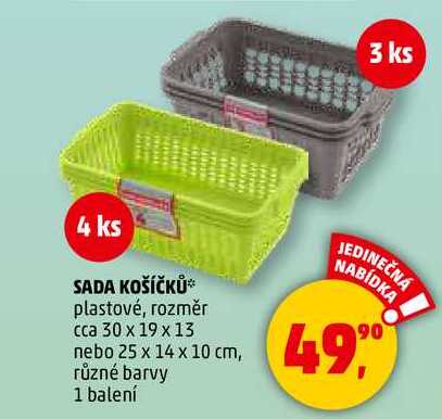 SADA KOŠÍČKŮ plastové, rozměr cca 30 x 19 x 13 nebo 25 x 14 x 10 cm, různé barvy, 1 balení  