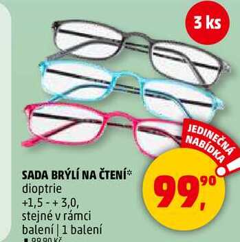 SADA BRÝLÍ NA ČTENÍ dioptrie +1,5 + 3,0, stejné v rámci balení, 1 balení