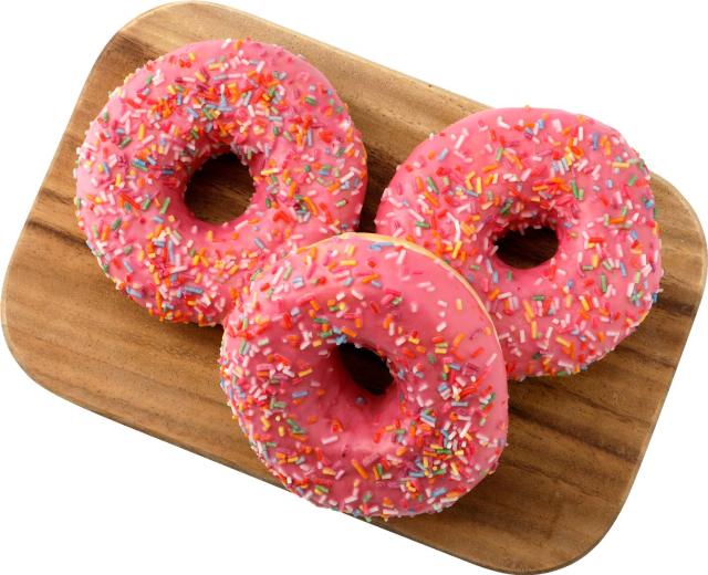 Donut s jahodovou příchutí a barevným posypem