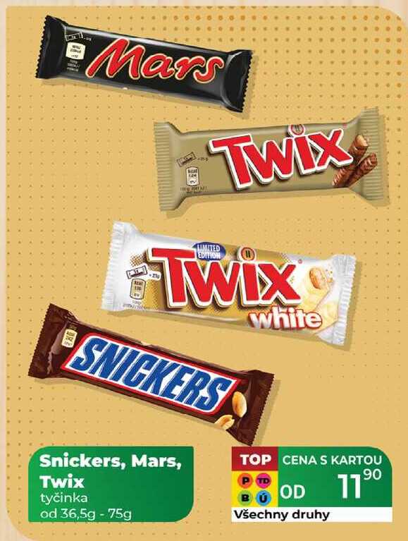 Snickers, Mars, Twix tyčinka od 36,5g - 75g  