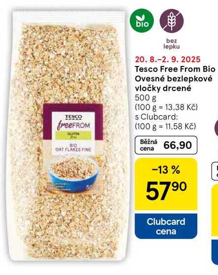 Tesco Free From Bio Ovesné bezlepkové vločky drcené, 500 g  
