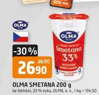 OLMA SMETANA 200 g ke šlehání, 33% tuku v akci