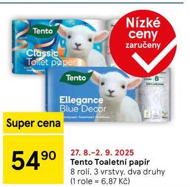 Tento Toaletní papír, 8 rolí, 3 vrstvy, dva druhy  